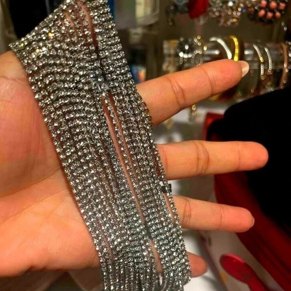 Silver Rhinestone Clear White Multi-Strand Choker Necklace Sparkling Statement - Picture 2 of 5